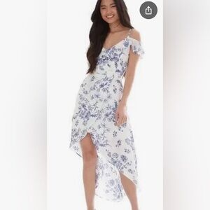 Iz Byer Blue/White Floral High-Low Flutter/Ruffle Sleeve Faux Wrap Dress - S